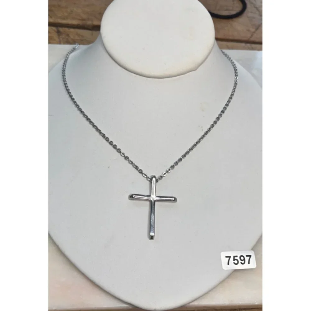 Stamped Chisel Sterling Silver Cross Pendant Necklace - Picture 3 of 12